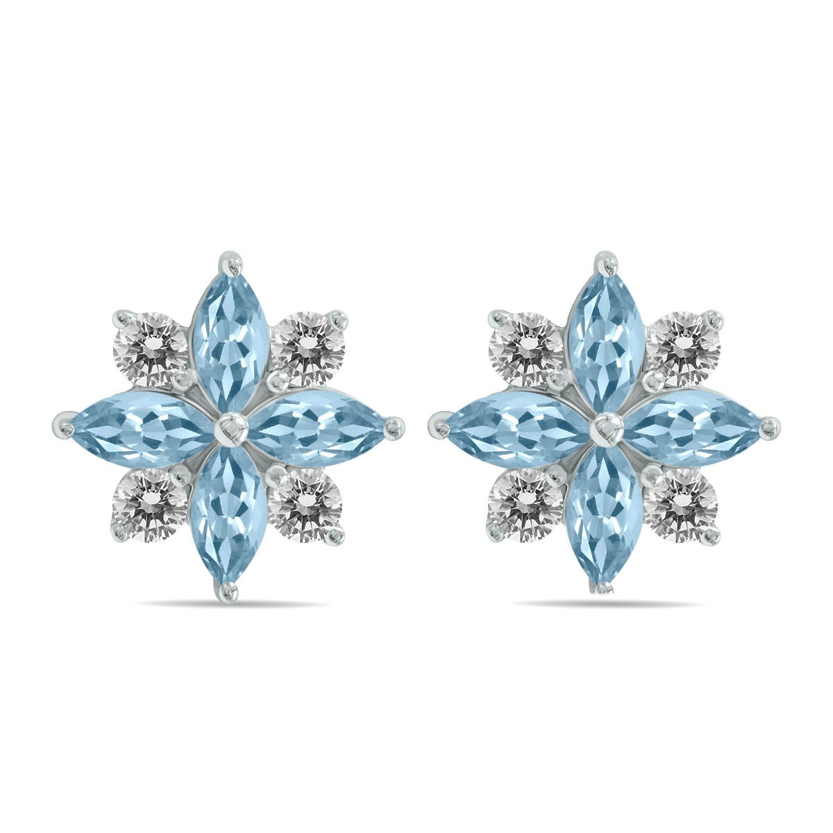 Image of 1 Carat TW Aquamarine and Diamond Flower Earrings in 10K White Gold