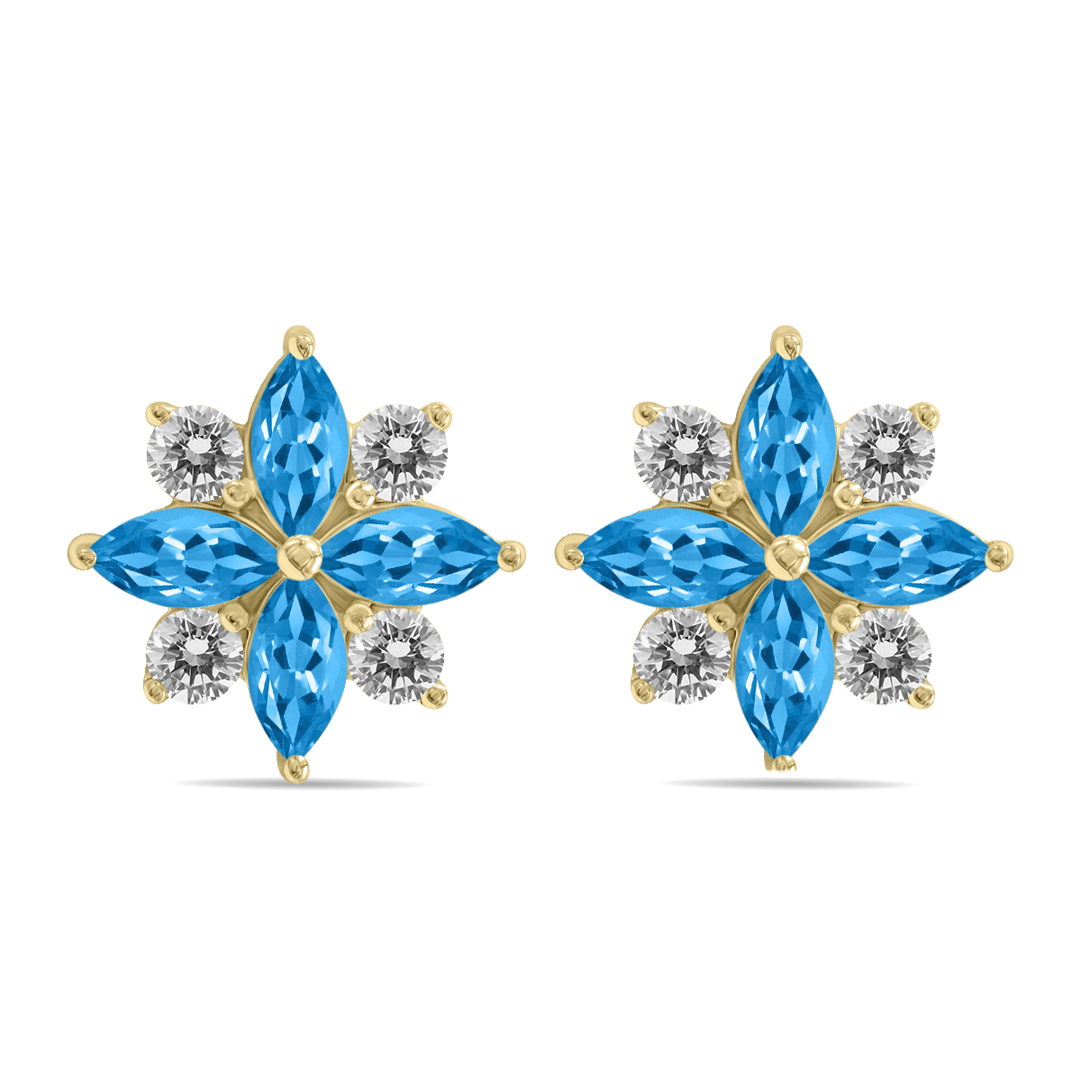 Image of 1 Carat TW Blue Topaz and Diamond Flower Earrings in 10K Yellow Gold