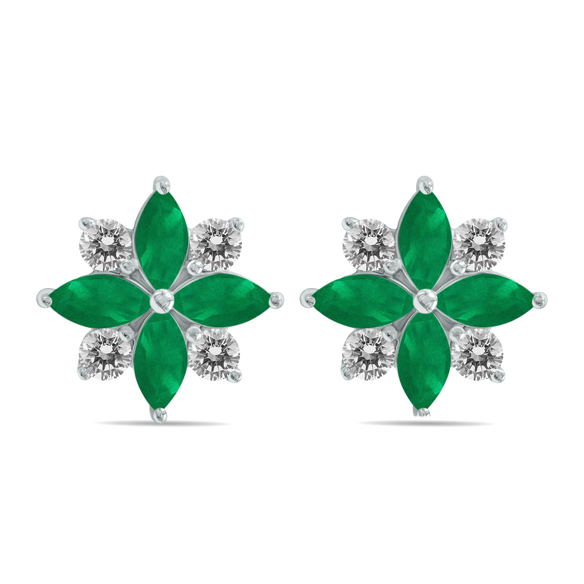 Image of 1 Carat TW Emerald and Diamond Flower Earrings in 10K White Gold