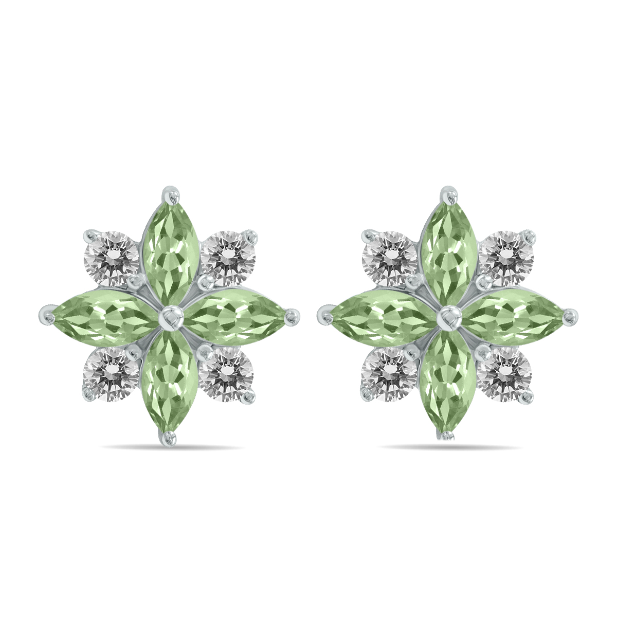 Image of 1 Carat TW Green Amethyst and Diamond Flower Earrings in 10K White Gold