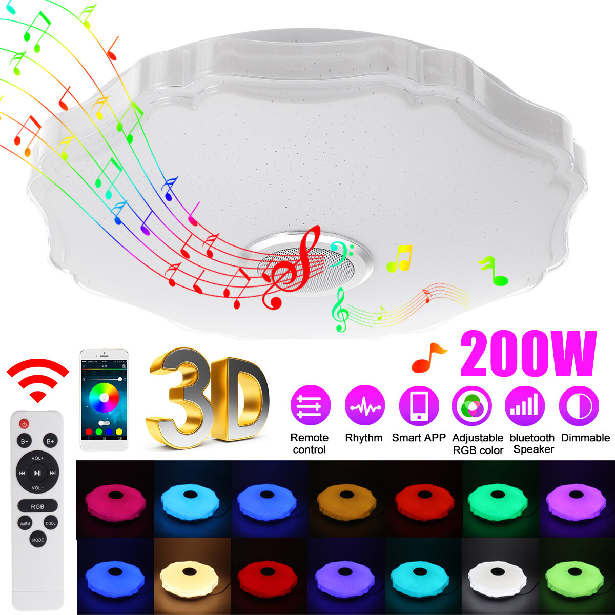 Image of 100-240V Full Color Light Bluetooth Music Ceiling Light Bluetooth APP+Remote Control