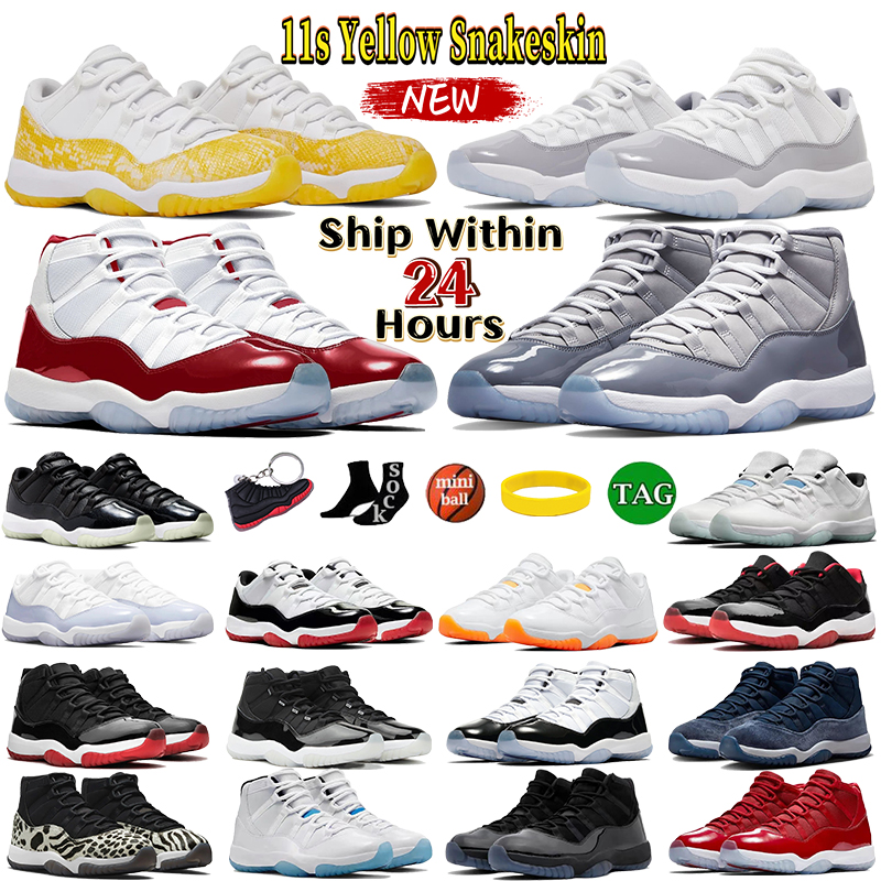 Image of 11 Basketball Shoes Men Women 11s Cherry Yellow Snakeskin Jumpman Shoe Cement Grey Bred Cool Grey 25th Anniversary Concord DMP Mens Trainers