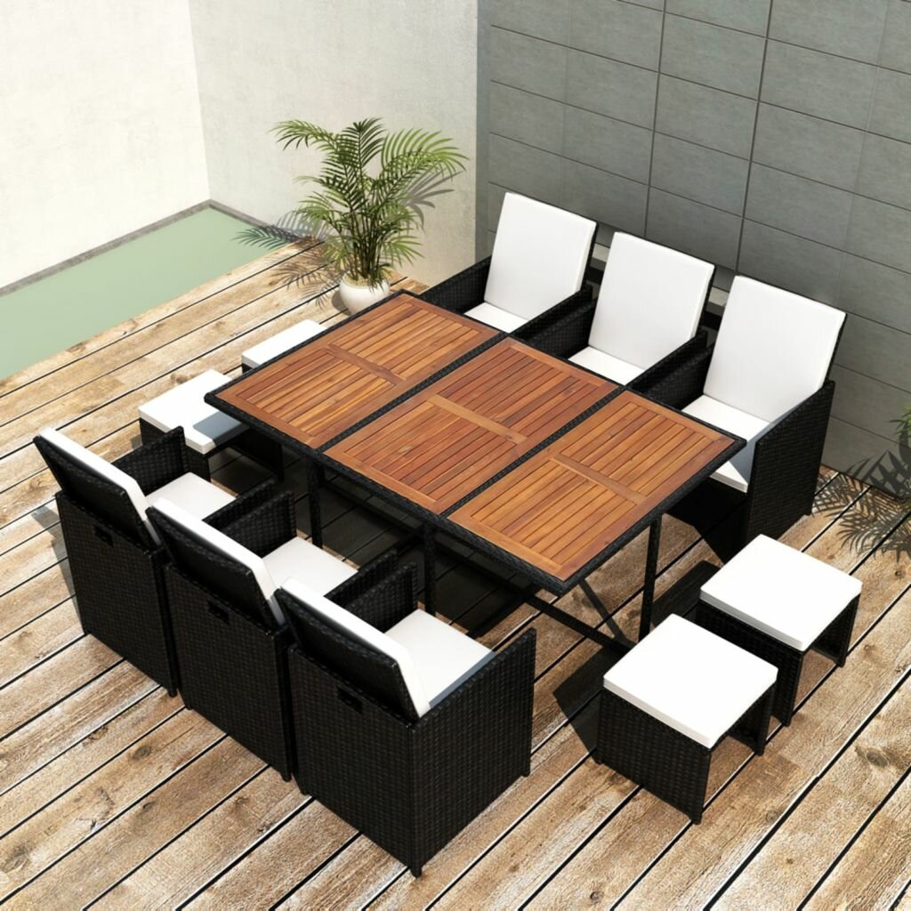 Image of 11 Piece Outdoor Dining Set Poly Rattan and Acacia Wood Black