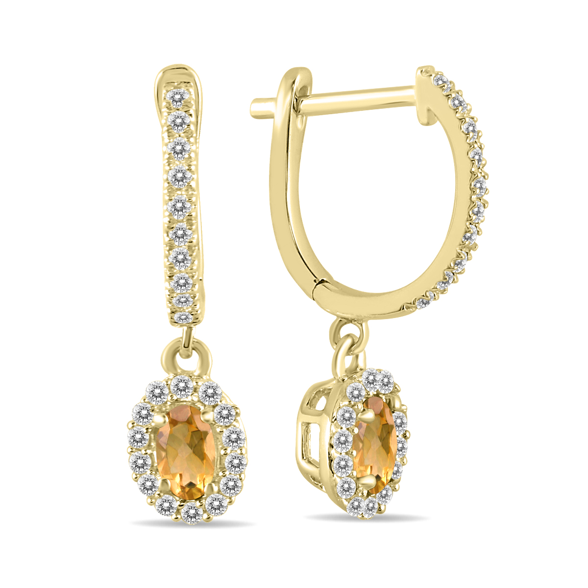 Image of 1/2 Carat Oval Citrine and Diamond Halo Dangle Earrings in 10K Yellow Gold