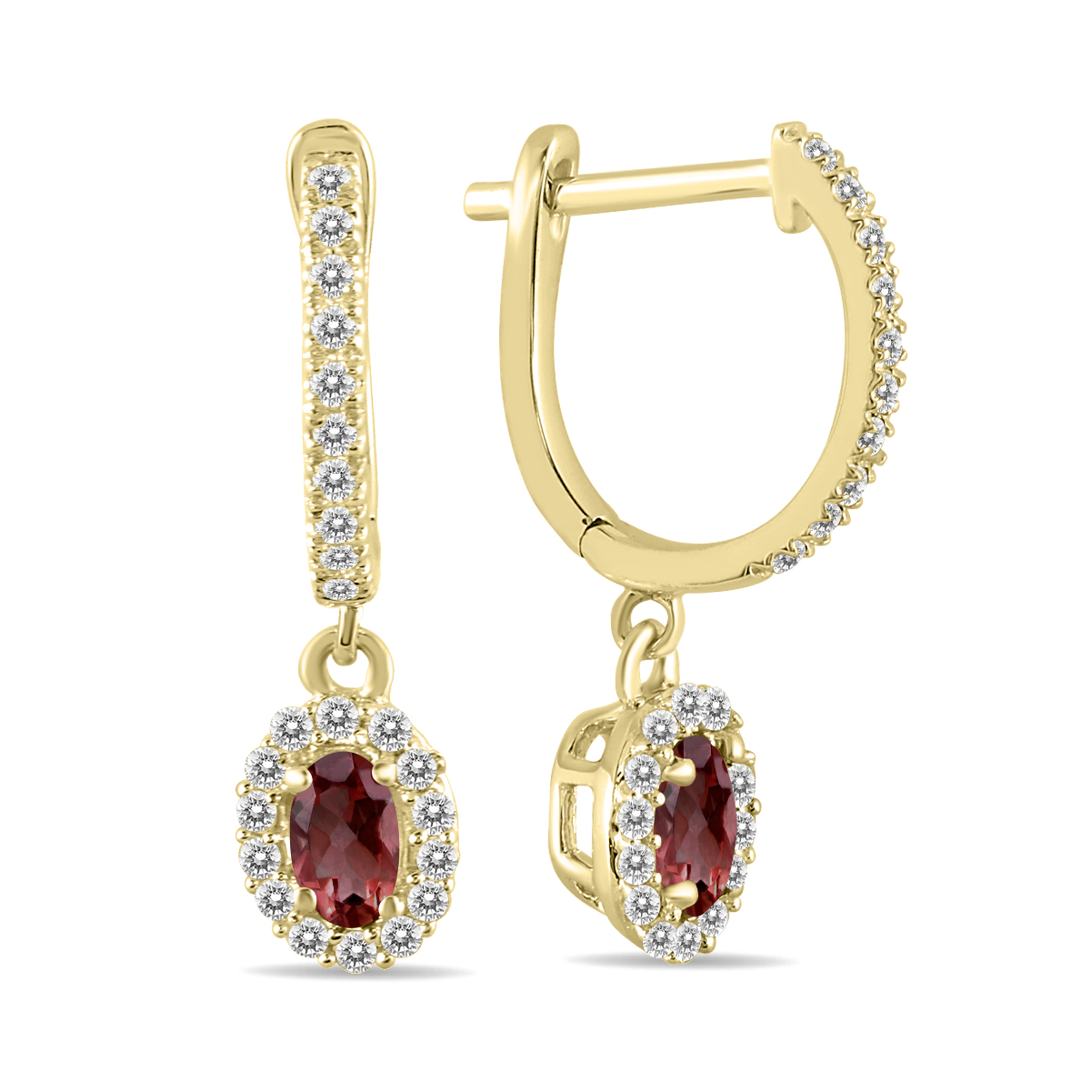Image of 1/2 Carat Oval Garnet and Diamond Halo Dangle Earrings in 10K Yellow Gold