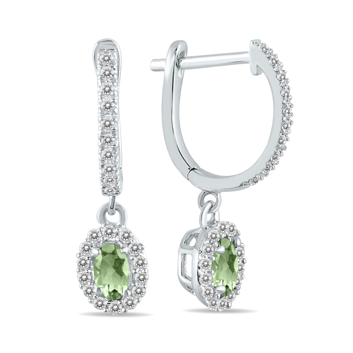 Image of 1/2 Carat Oval Green Amethyst and Diamond Halo Dangle Earrings in 10K White Gold