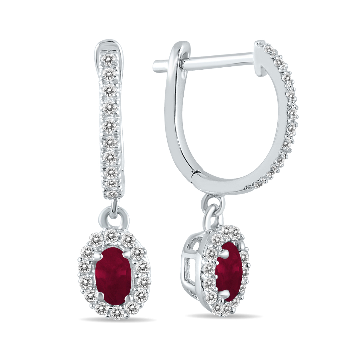 Image of 1/2 Carat Oval Ruby and Diamond Halo Dangle Earrings in 10K White Gold