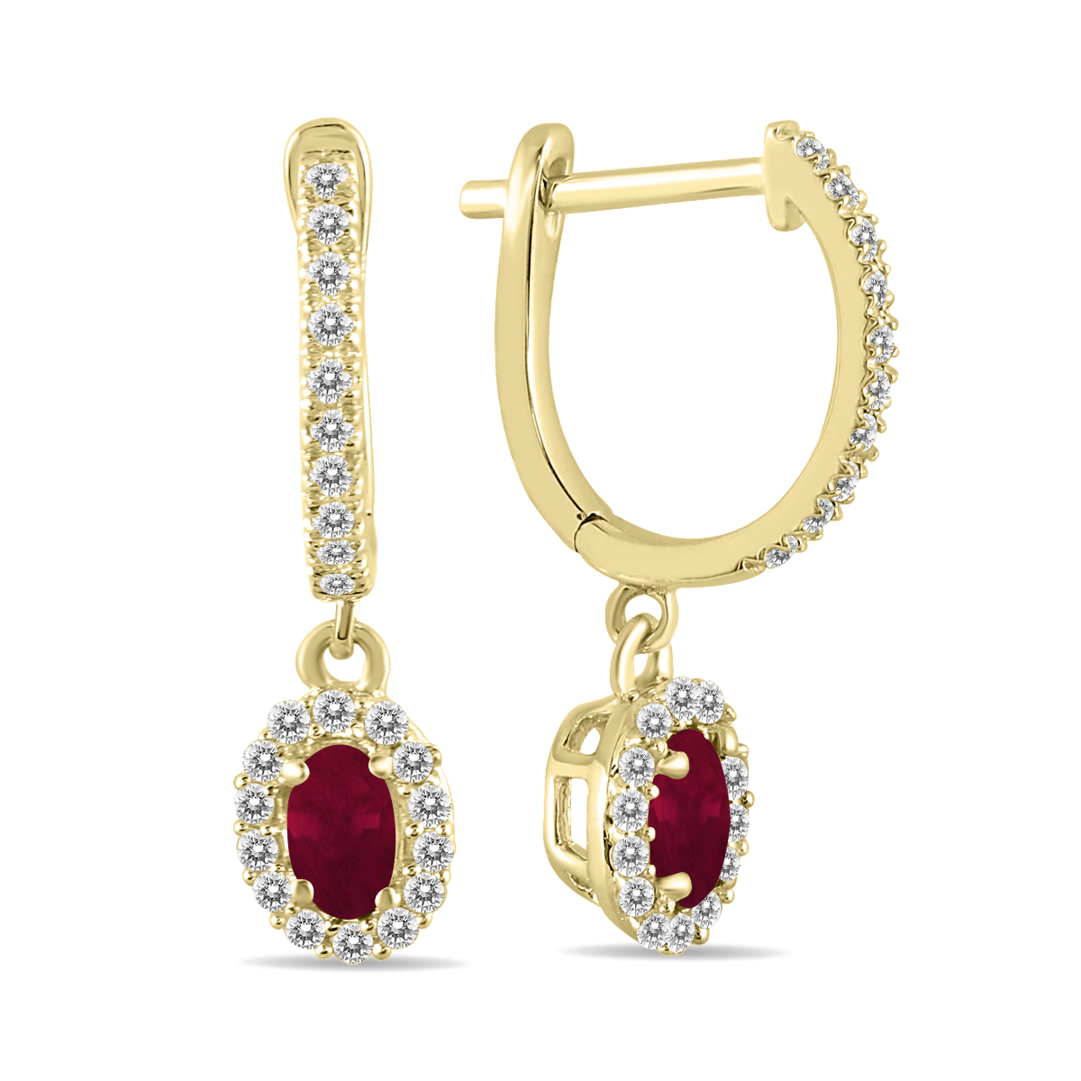 Image of 1/2 Carat Oval Ruby and Diamond Halo Dangle Earrings in 10K Yellow Gold