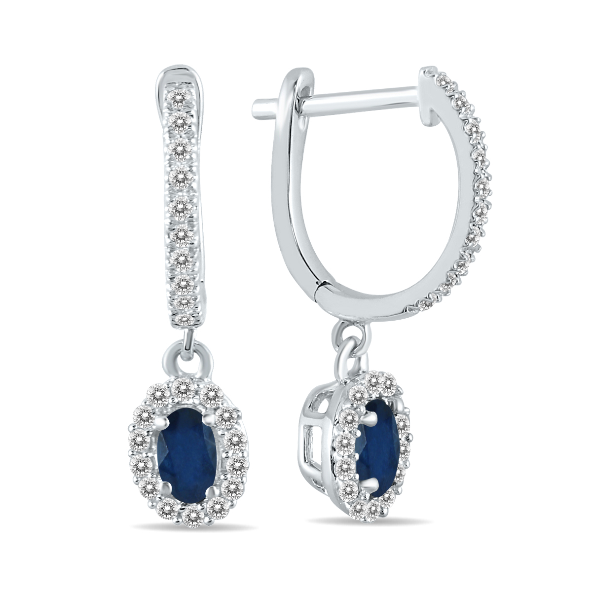 Image of 1/2 Carat Oval Sapphire and Diamond Halo Dangle Earrings in 10K White Gold
