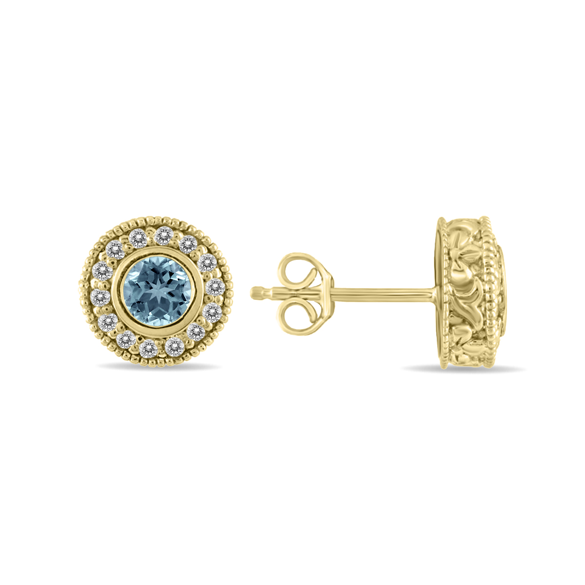 Image of 1/2 Carat TW Aquamarine and Diamond Bezel Set Earrings 10K Yellow Gold