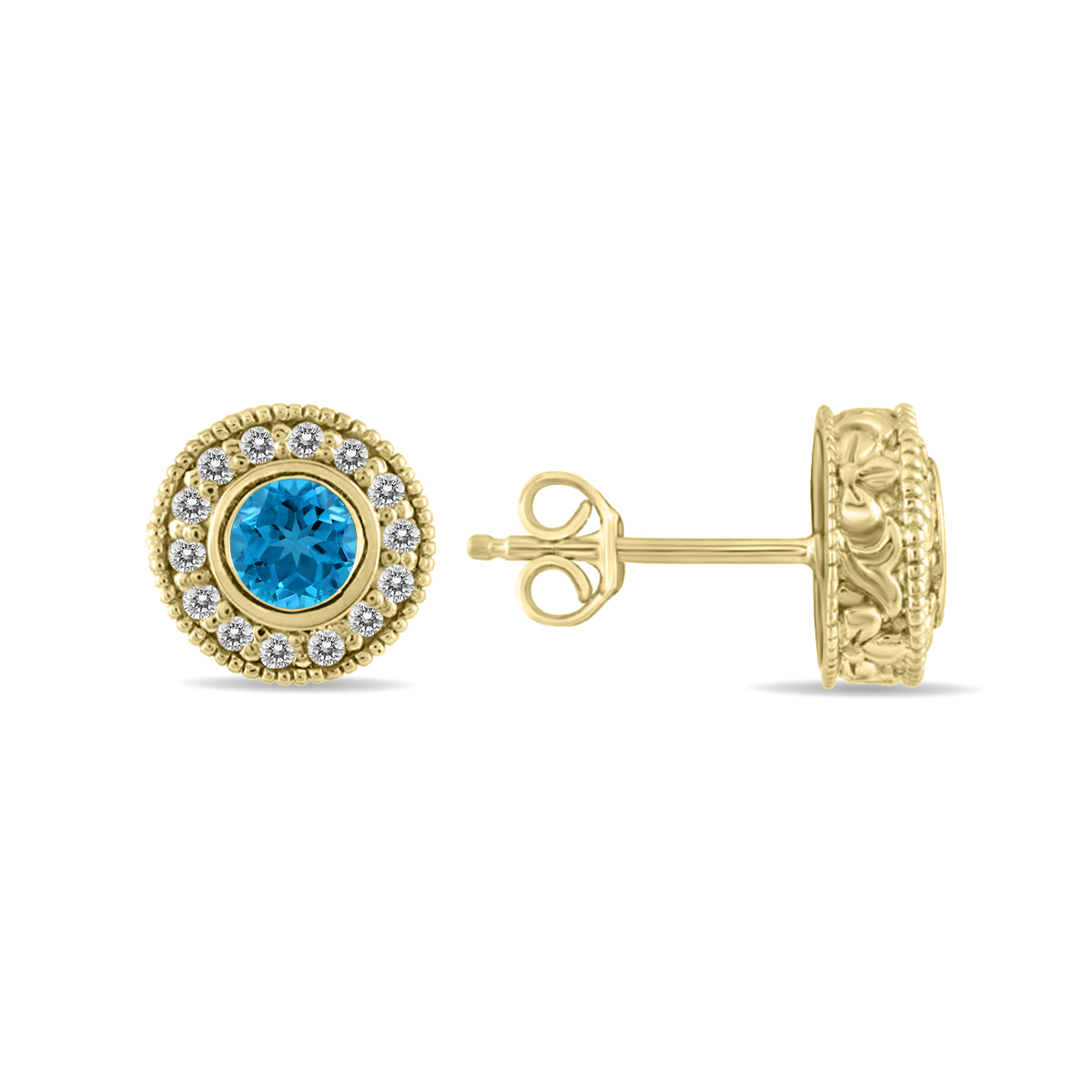 Image of 1/2 Carat TW Blue Topaz and Diamond Bezel Set Earrings 10K Yellow Gold