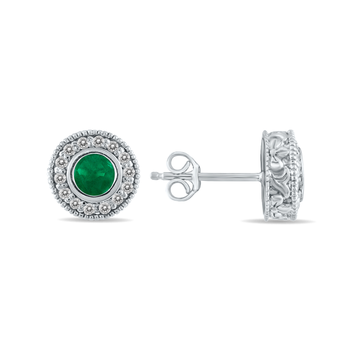Image of 1/2 Carat TW Emerald and Diamond Bezel Set Earrings 10K White Gold