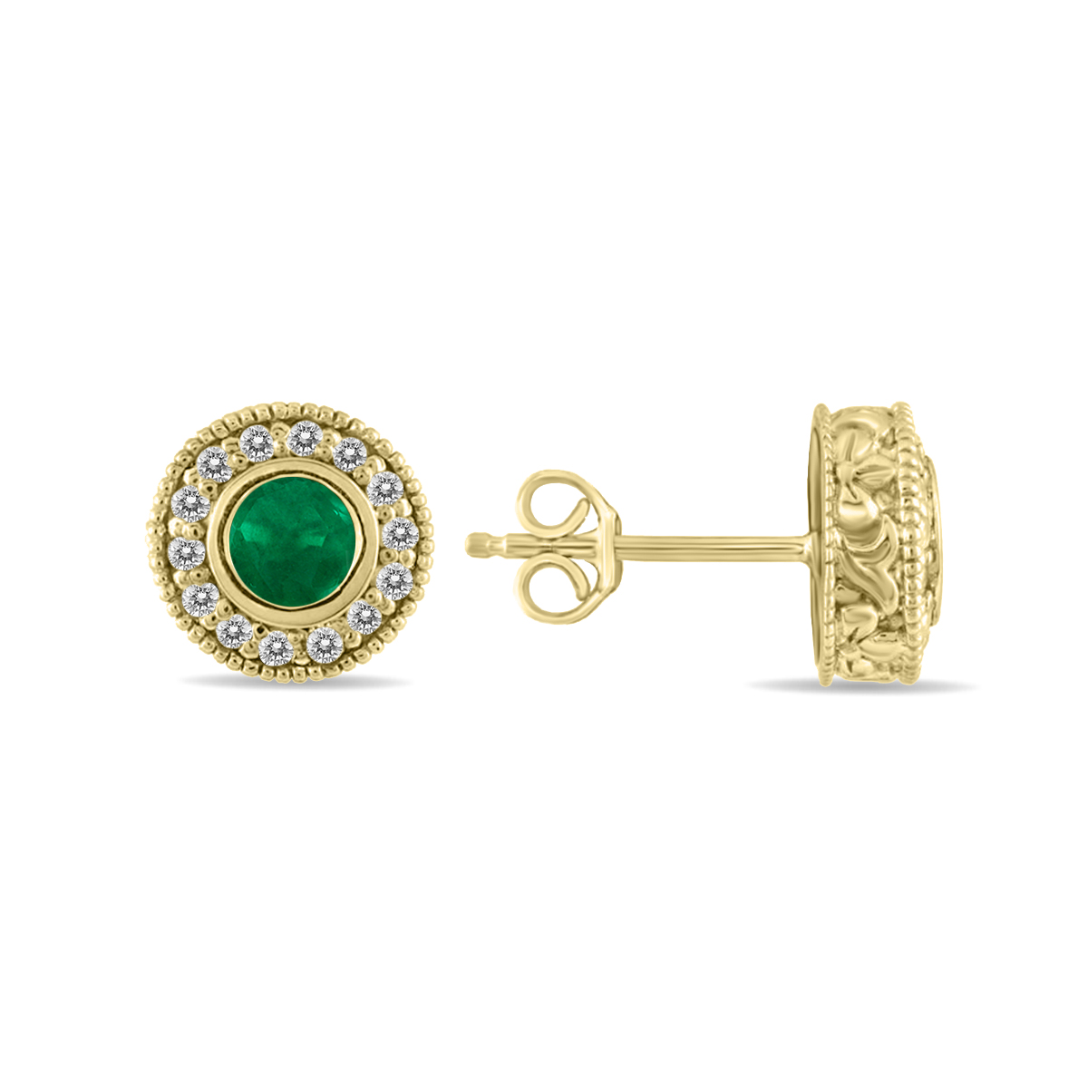 Image of 1/2 Carat TW Emerald and Diamond Bezel Set Earrings 10K Yellow Gold