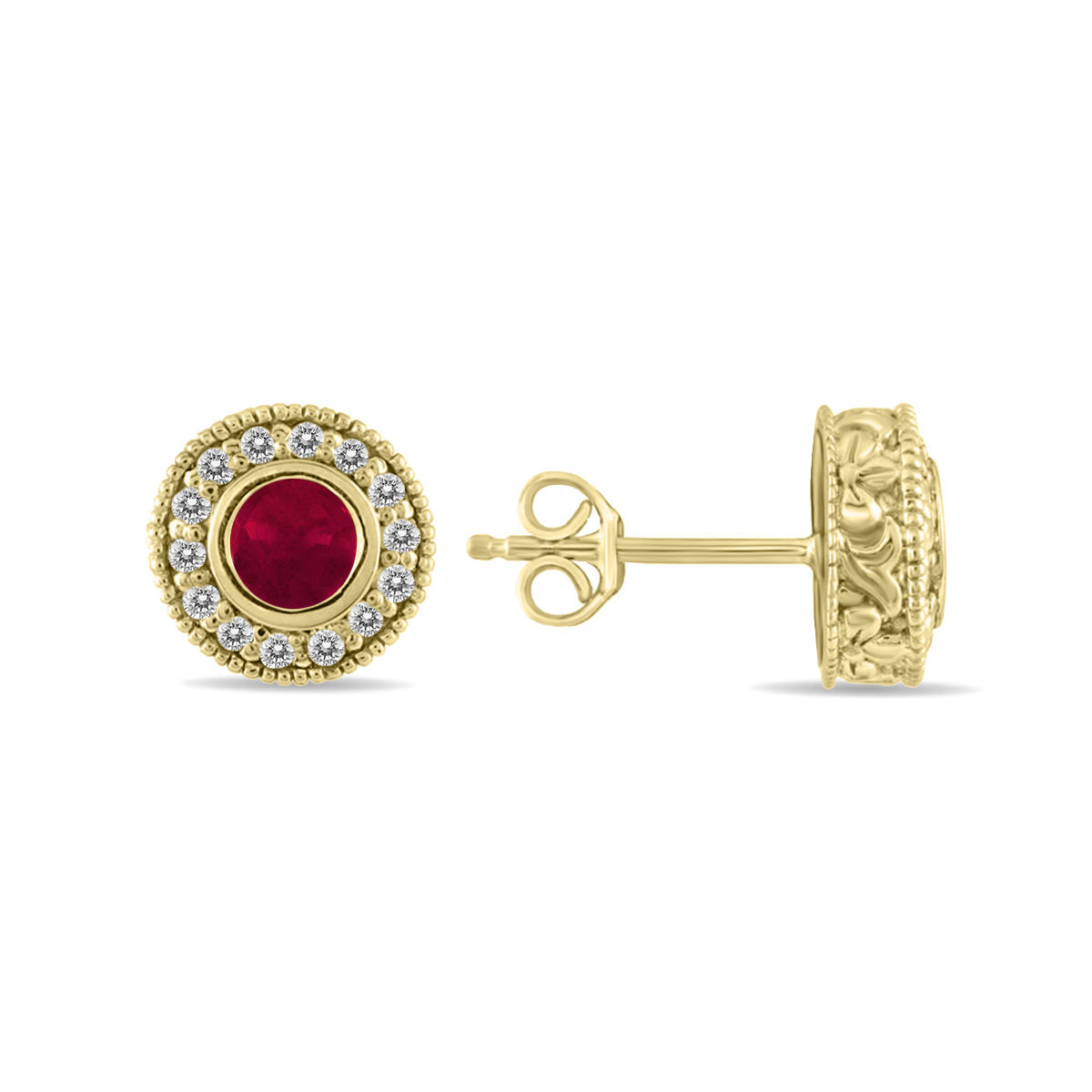 Image of 1/2 Carat TW Ruby and Diamond Bezel Set Earrings 10K Yellow Gold