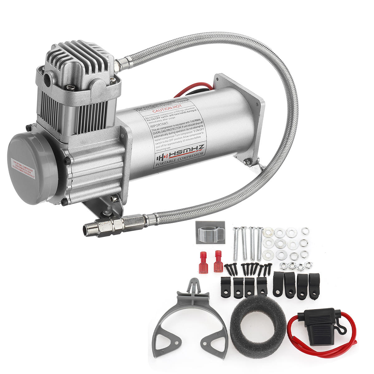 Image of 12V 200 PSI Silver Air Compressor 1/4'' Hose Set With Relays Switch For Car Truck Train Honrs Suspension