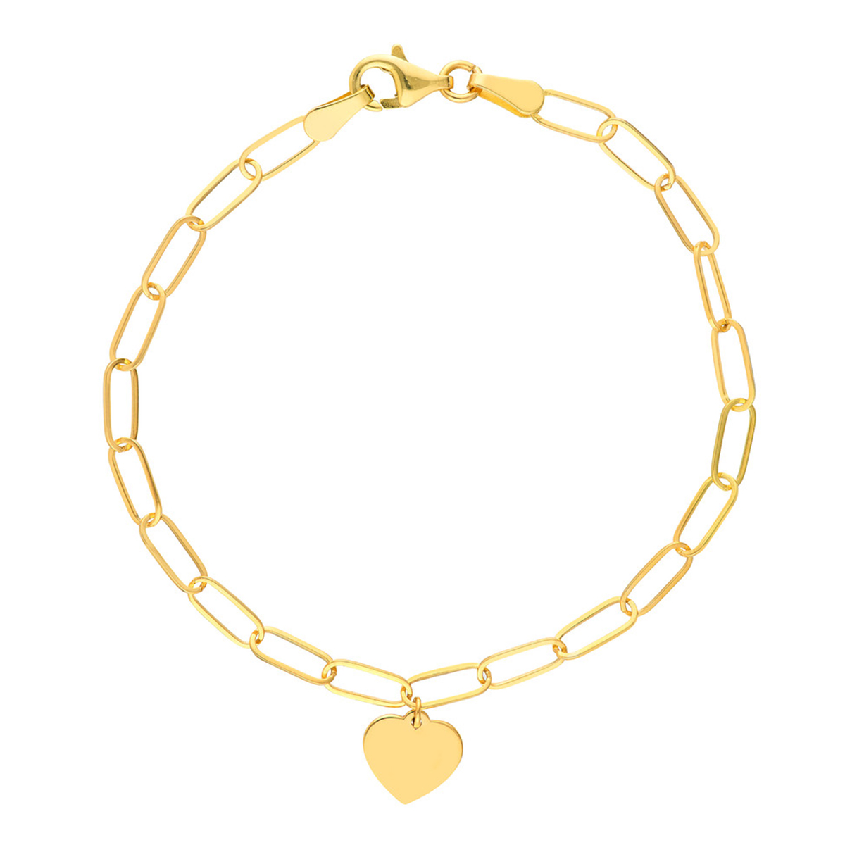 Image of 14K Solid Yellow Gold Heart Charm Paper Clip Bracelet