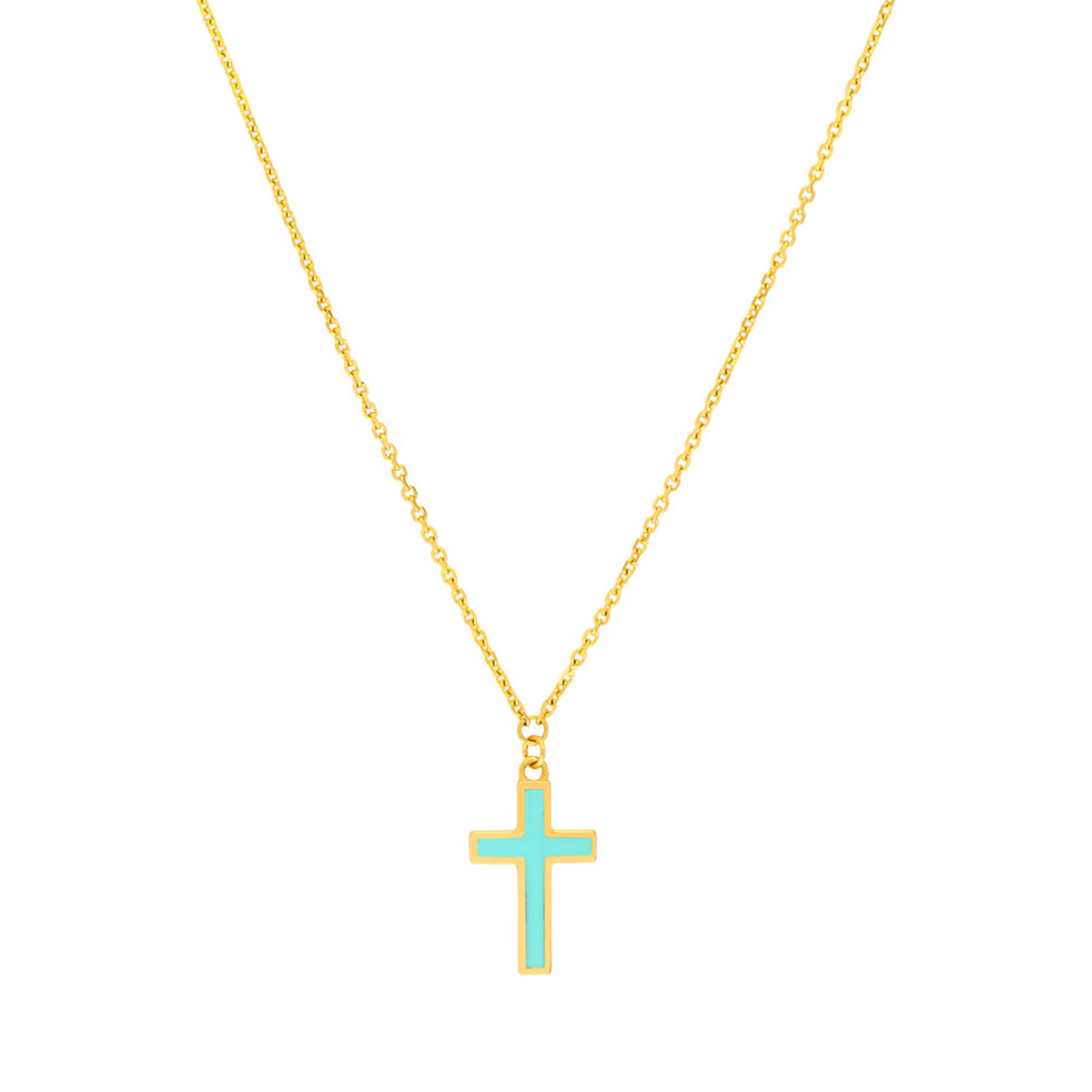 Image of 14K Solid Yellow Gold Turquoise Cross Adjustable Necklace