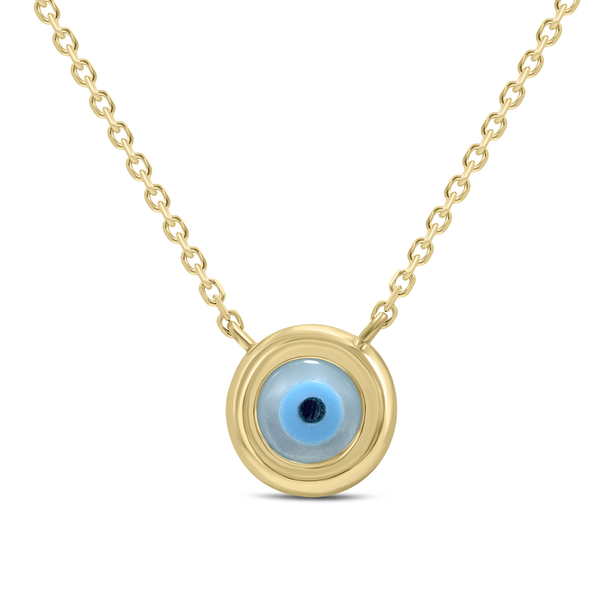 Image of 14K Yellow Gold Round Evil Eye Necklace with Mother of Pearl and Spring Ring Clasps