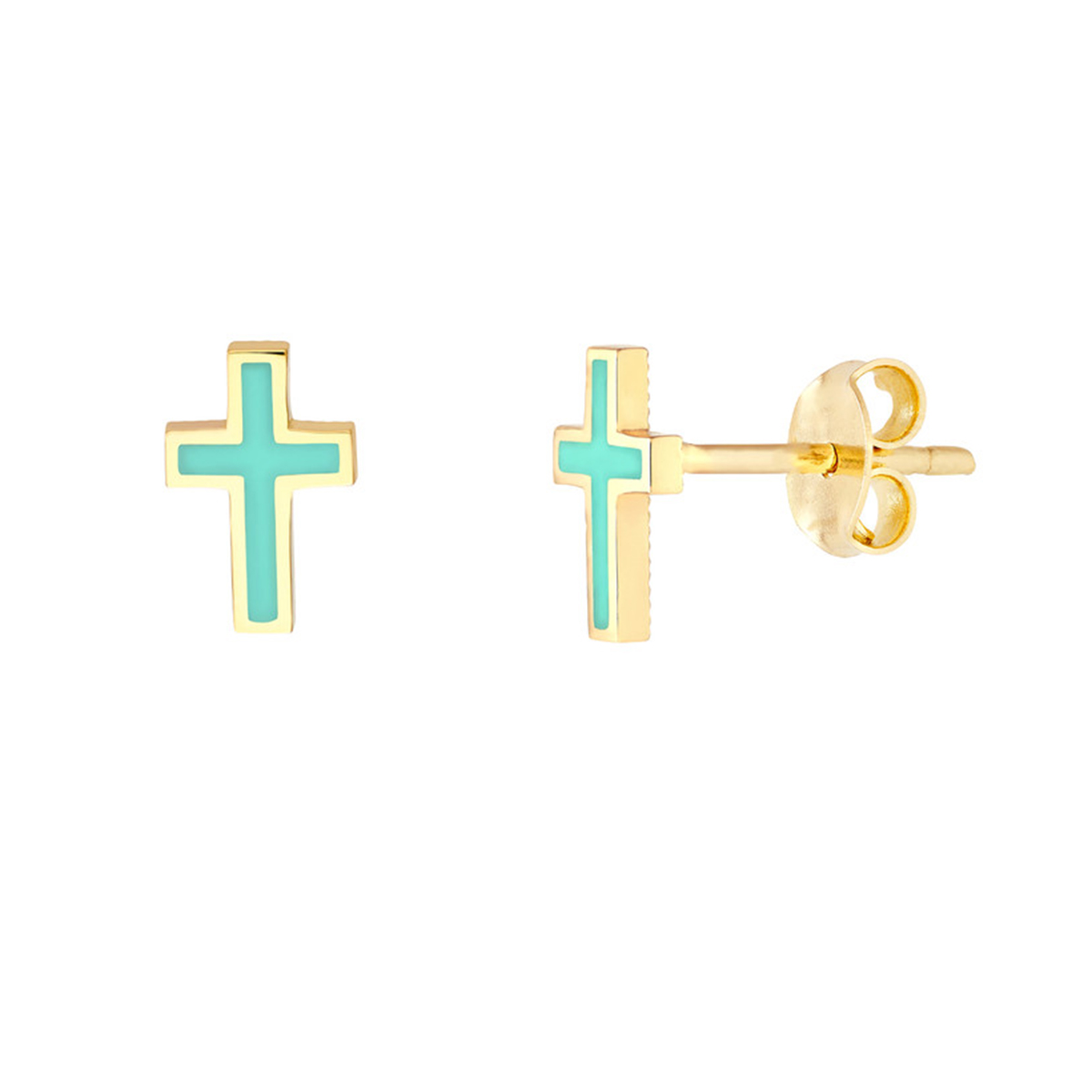 Image of 14K Yellow Gold Turquoise Enamel Cross Stud Earrings