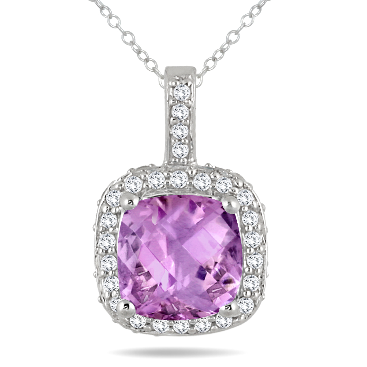 Image of 150 Carat TW Cushion Amethyst and Diamond Halo Pendant in 10K White Gold