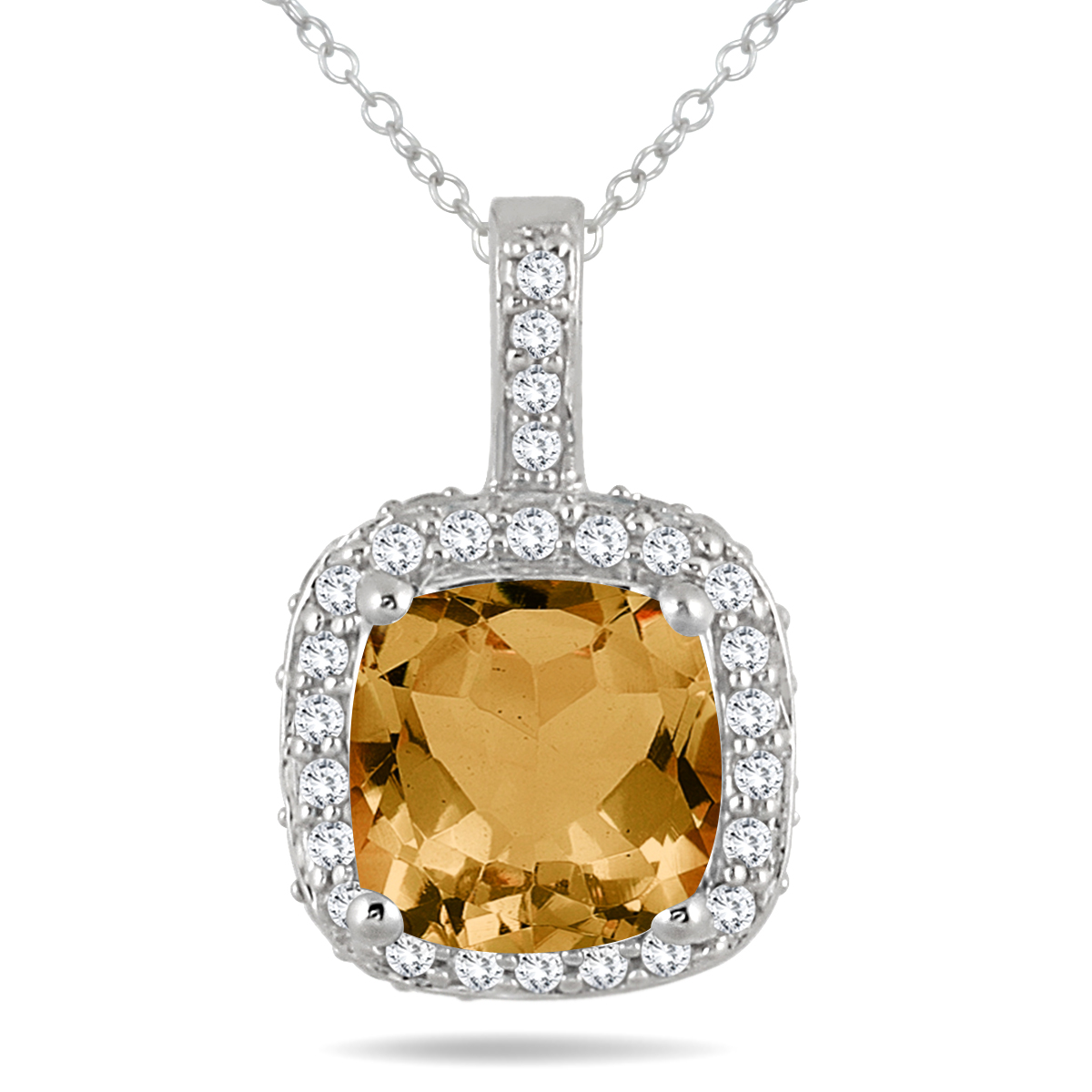 Image of 150 Carat TW Cushion Citrine and Diamond Halo Pendant in 10K White Gold