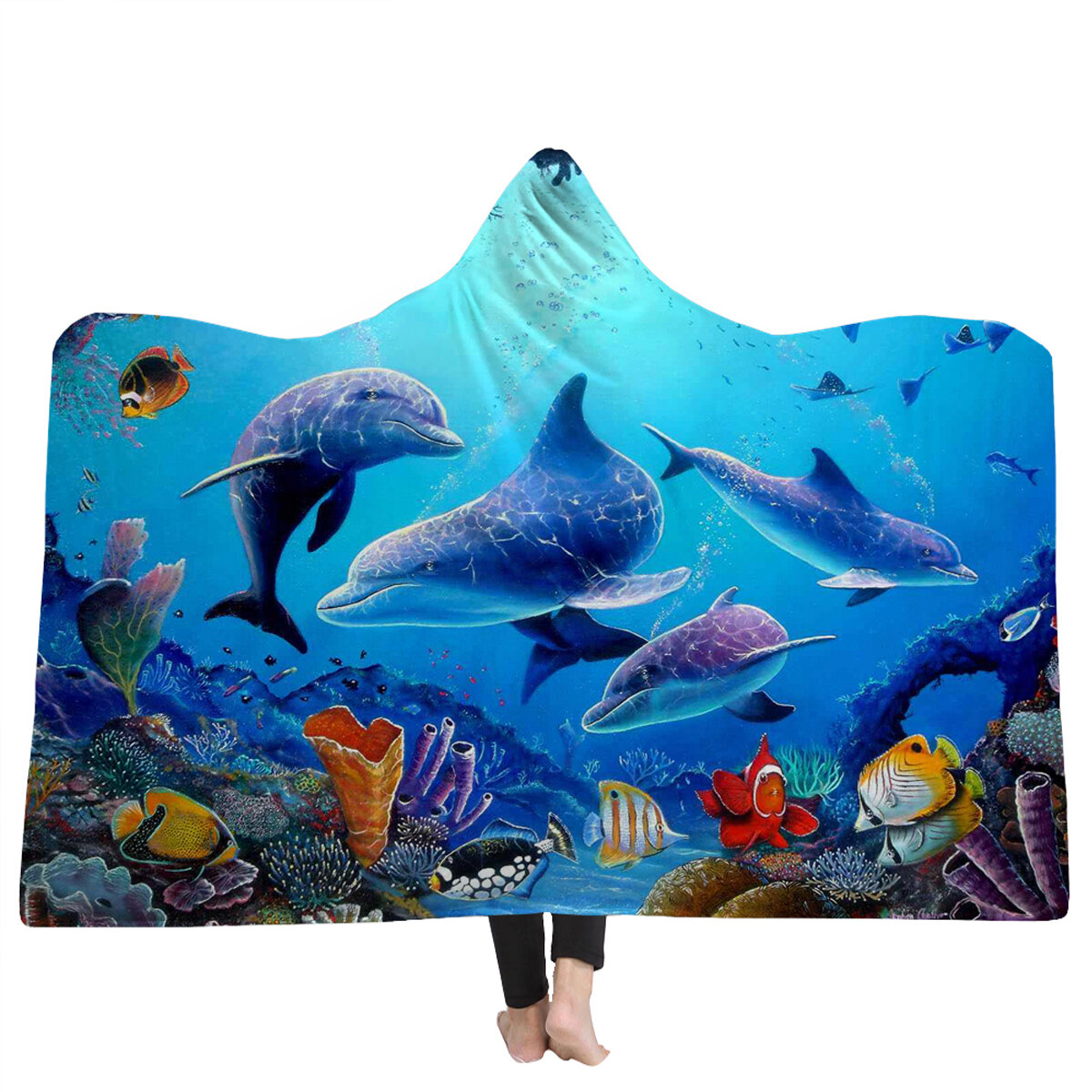 Image of 150x200cm Kid Adult Hooded Blankets Soft Ocean World Wearable Throw Blankets Cloak