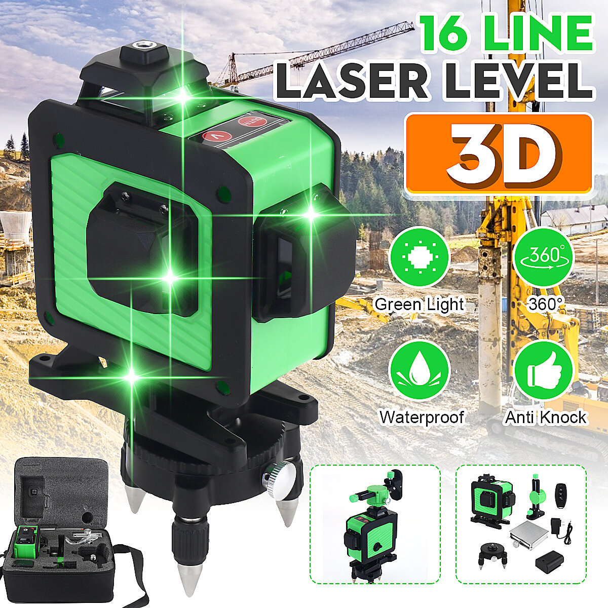 Image of 16 Line 360° Horizontal Vertical Cross 3D Green Light Laser Level Self-Leveling Measure Super Powerful Laser Beam with T