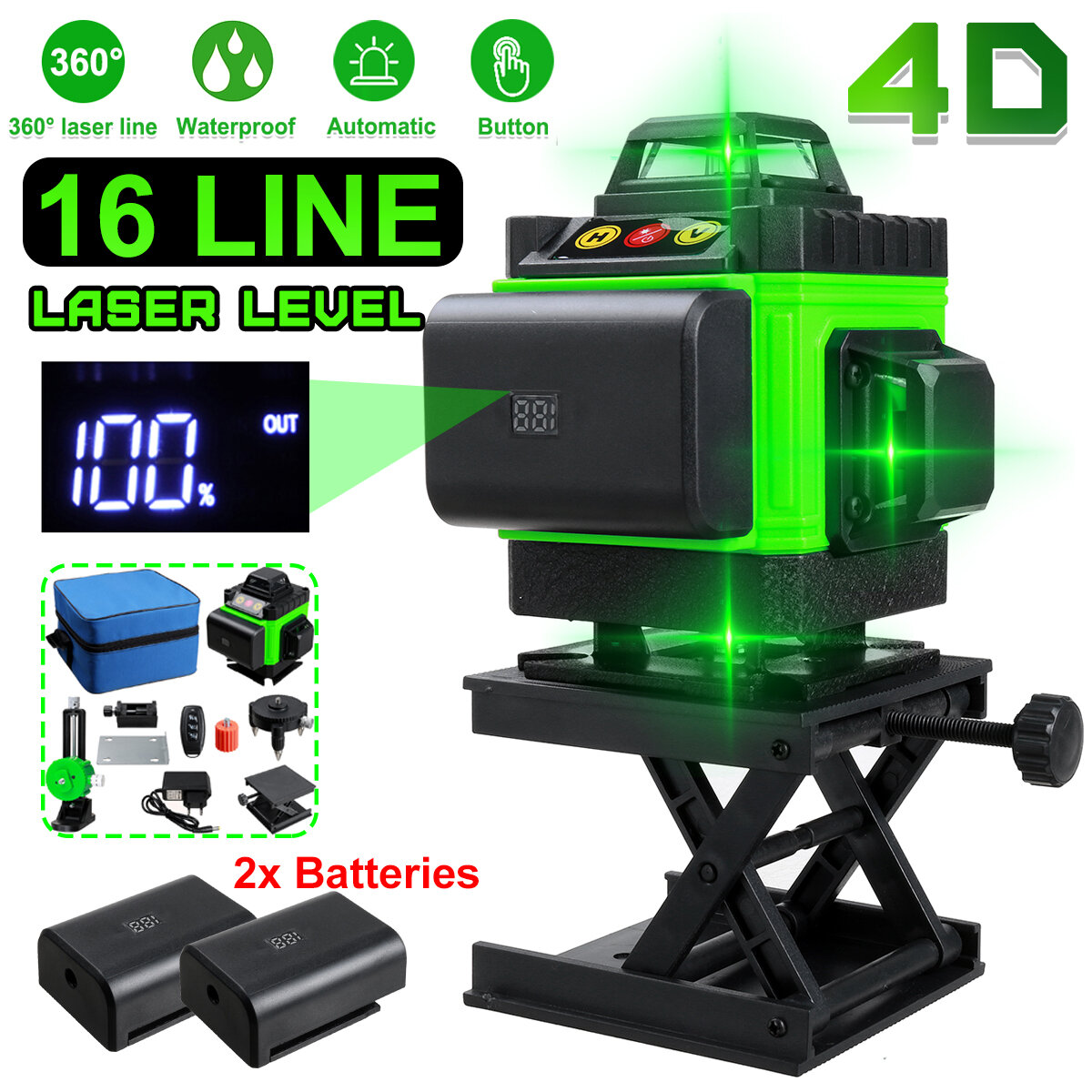 Image of 16 Lines 4D Laser Level Green Laser Line Self Leveling Horizontal Lines &360 Degree Vertical Cross with 2xBattery for