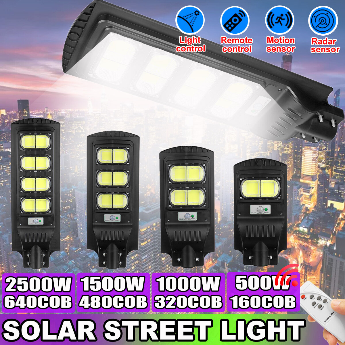 Image of 160/320/480/640COB LED Solar Street Light PIR Motion Sensor Outdoor Wall Lamp With Remote Control