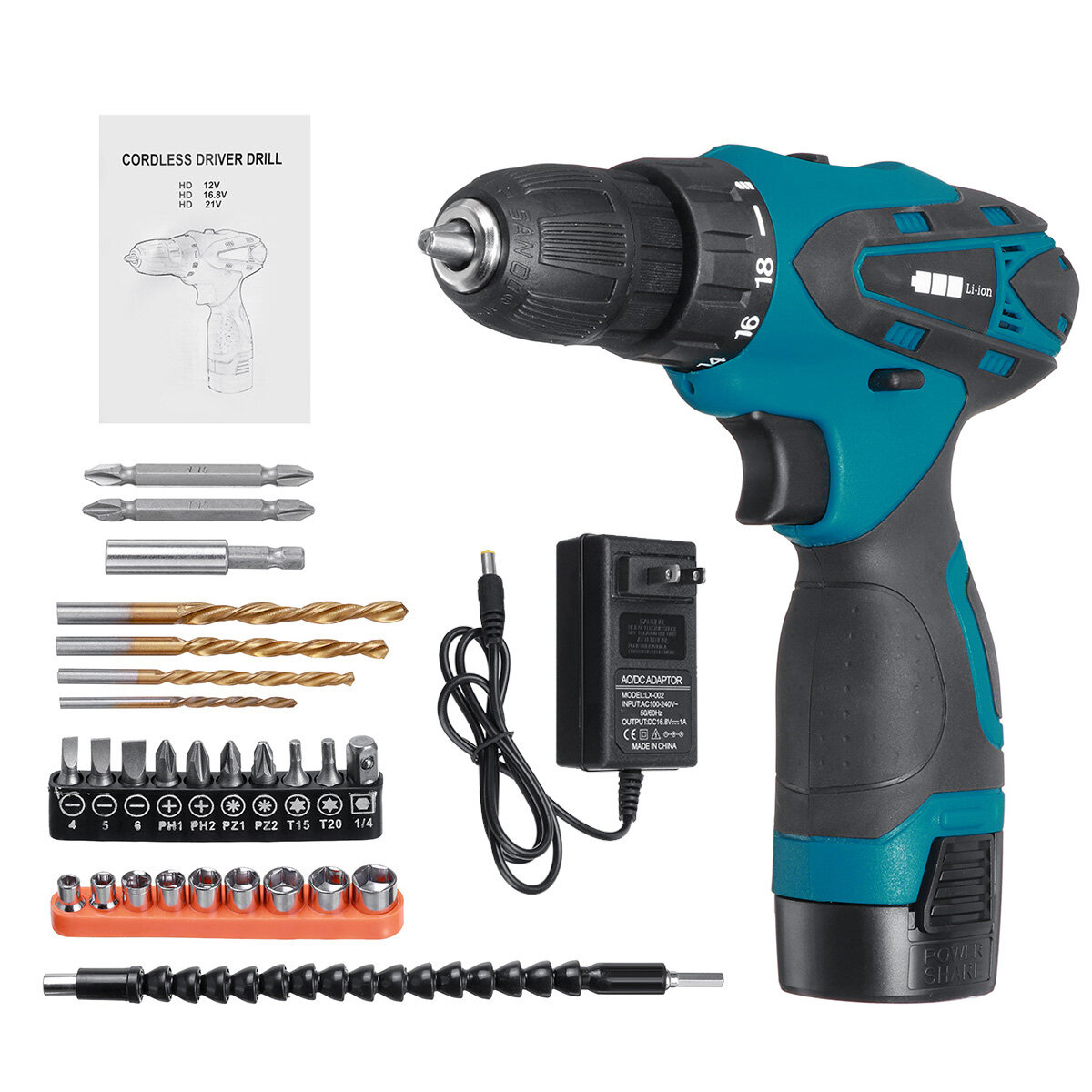 Image of 168V Cordless Electric Drill Driver 23+1 Torque Multifuntional Screwdriver Power Tool W/ Battery & Drill Bits Set