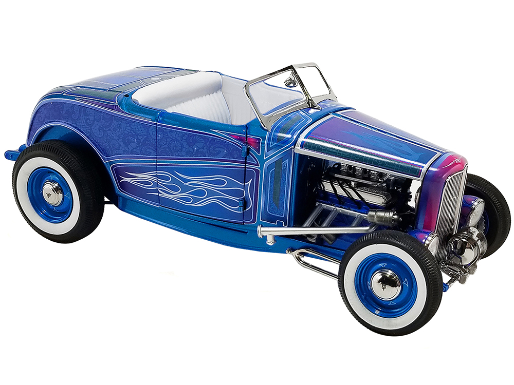 Image of 1932 Ford Roadster Hot Rod Blue Metallic with Flames and White Interior Limited Edition to 468 pieces Worldwide 1/18 Diecast Model Car by ACME