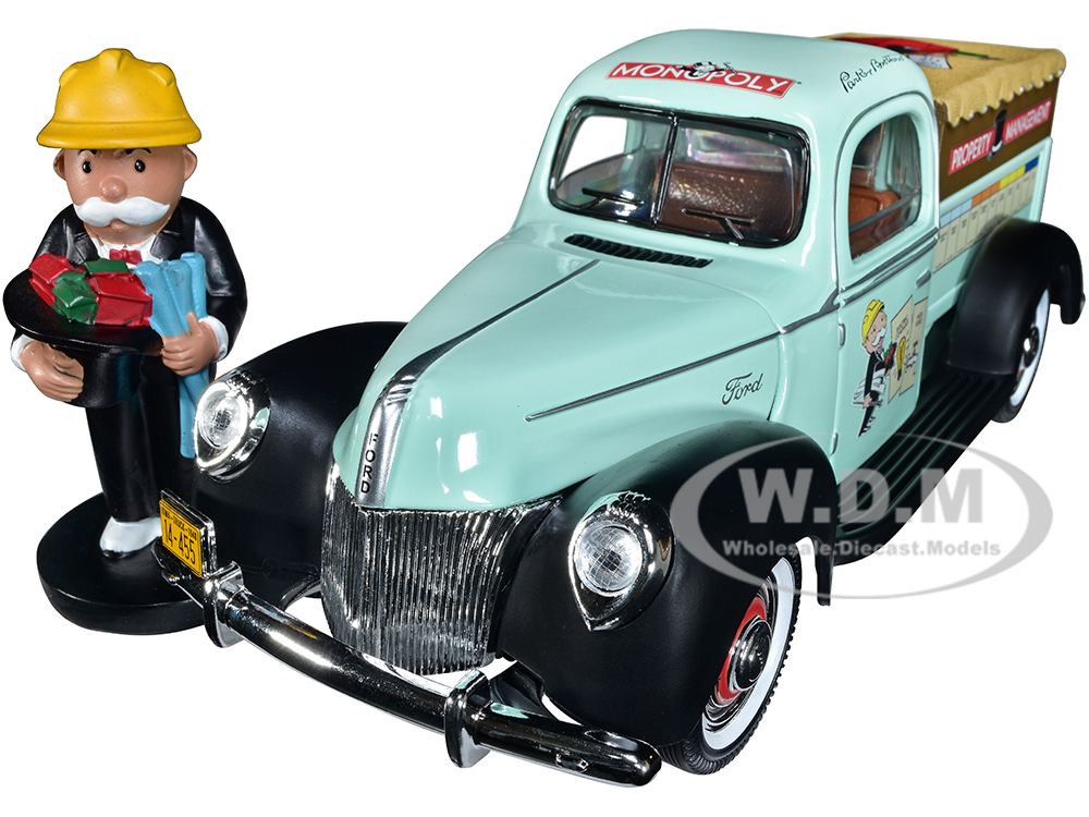 Image of 1940 Ford Pickup Truck "Property Management" Light Green with Graphics and Mr Monopoly Construction Resin Figure "Monopoly" 1/18 Diecast Model Car b