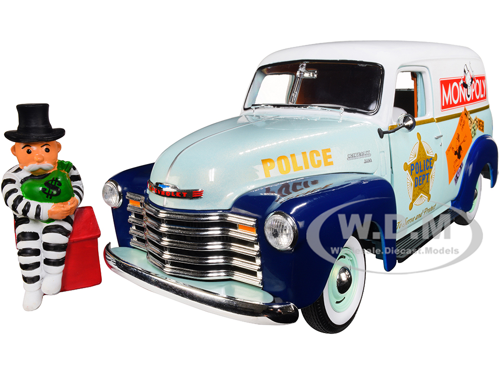 Image of 1948 Chevrolet Panel Police Van with Mr Monopoly Figurine "Monopoly" 1/18 Diecast Model Car by Auto World