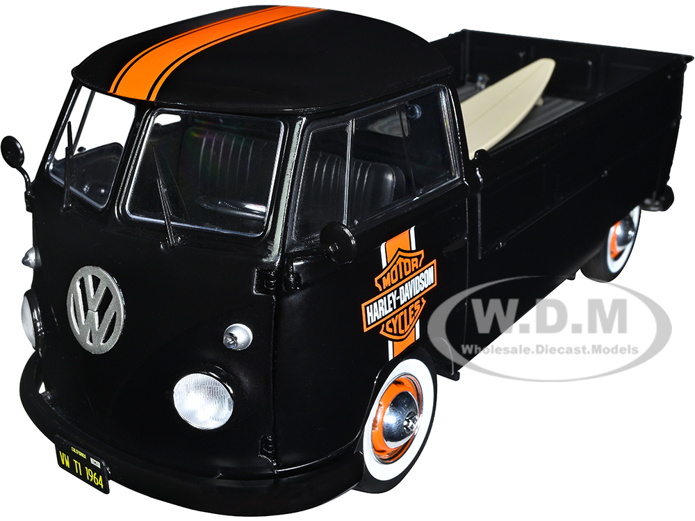 Image of 1950 Volkswagen T1 Custom Pickup Truck Matt Black with Orange Stripes "Harley Davidson" with Surfboard Accessory 1/18 Diecast Model Car by Solido