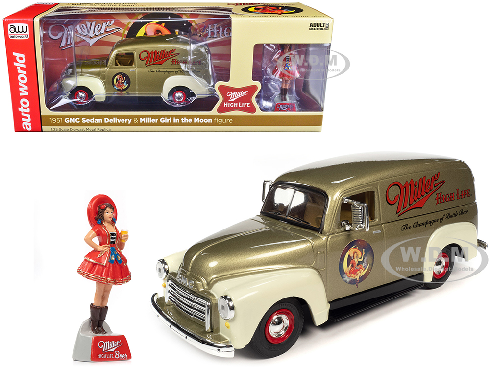 Image of 1951 GMC Sedan Delivery Gold Metallic and Beige "Miller High Life" and "Miller Girl in the Moon" Resin Figure 1/25 Diecast Model Car by Auto World