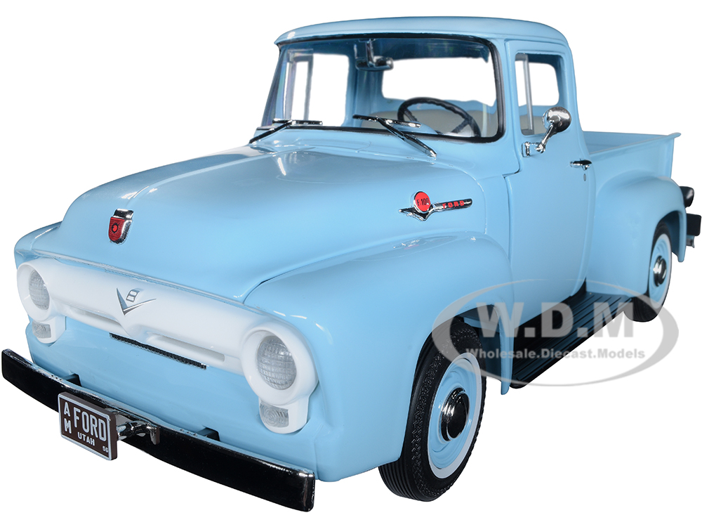 Image of 1956 Ford F-100 Mild Custom Pickup Truck Diamond Blue 1/18 Diecast Model Car by Auto World