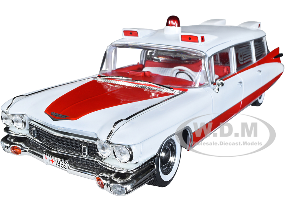 Image of 1959 Cadillac Eldorado Ambulance Red and White 1/18 Diecast Model by Auto World