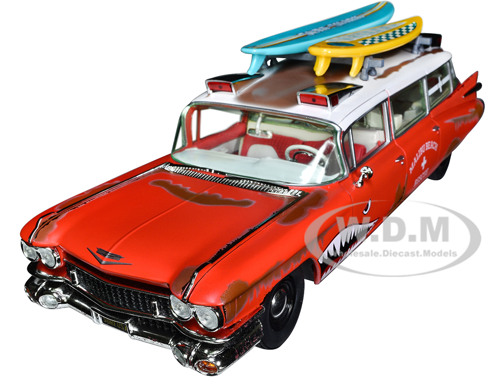 Image of 1959 Cadillac Eldorado Ambulance Red with White Top "Malibu Beach Rescue" (Weathered) with Surfboards on Roof "Surf Shark" 1/18 Diecast Model Car by