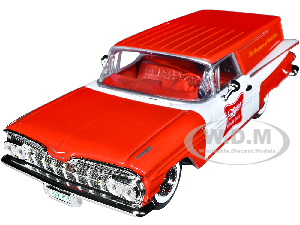 Image of 1959 Chevrolet Sedan Delivery Car Red and White "Miller High Life The Champagne of Beers" 1/24 Diecast Model Car by Auto World