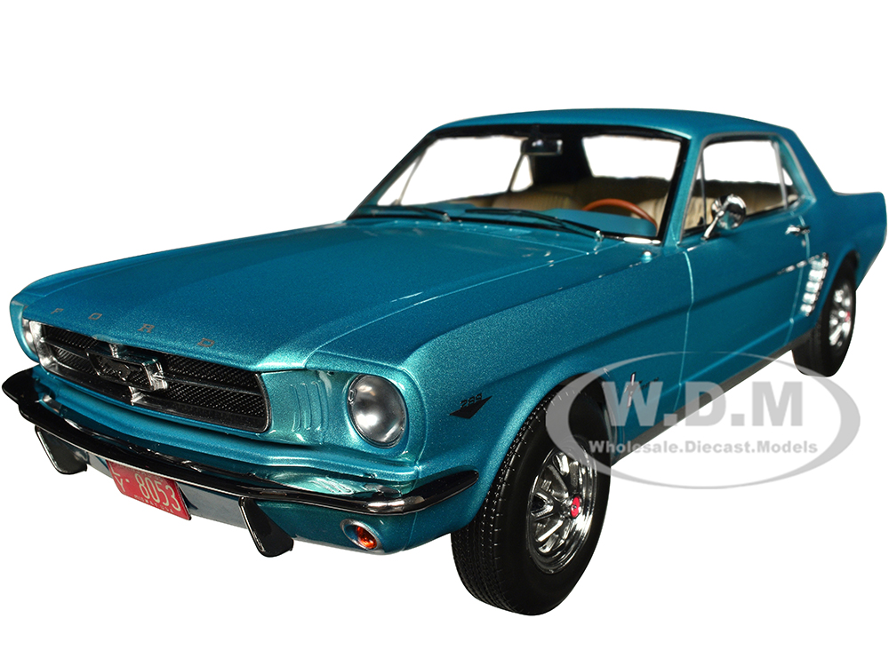 Image of 1965 Ford Mustang Hardtop Coupe Turquoise Metallic with White Interior 1/18 Diecast Model Car by Norev