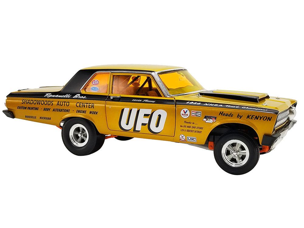 Image of 1965 Plymouth AWB (Altered Wheel Base) Gold Metallic with Graphics and Orange-Tinted Windows "UFO" Limited Edition to 636 pieces Worldwide 1/18 Dieca