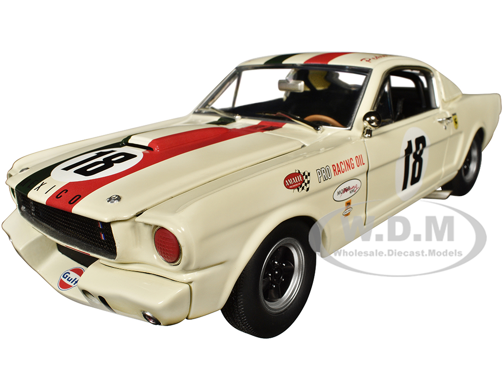 Image of 1965 Shelby GT350R 18 Cream with Red and Green Stripes "Pedro Rodriguez" Limited Edition to 378 pieces Worldwide 1/18 Diecast Model Car by ACME