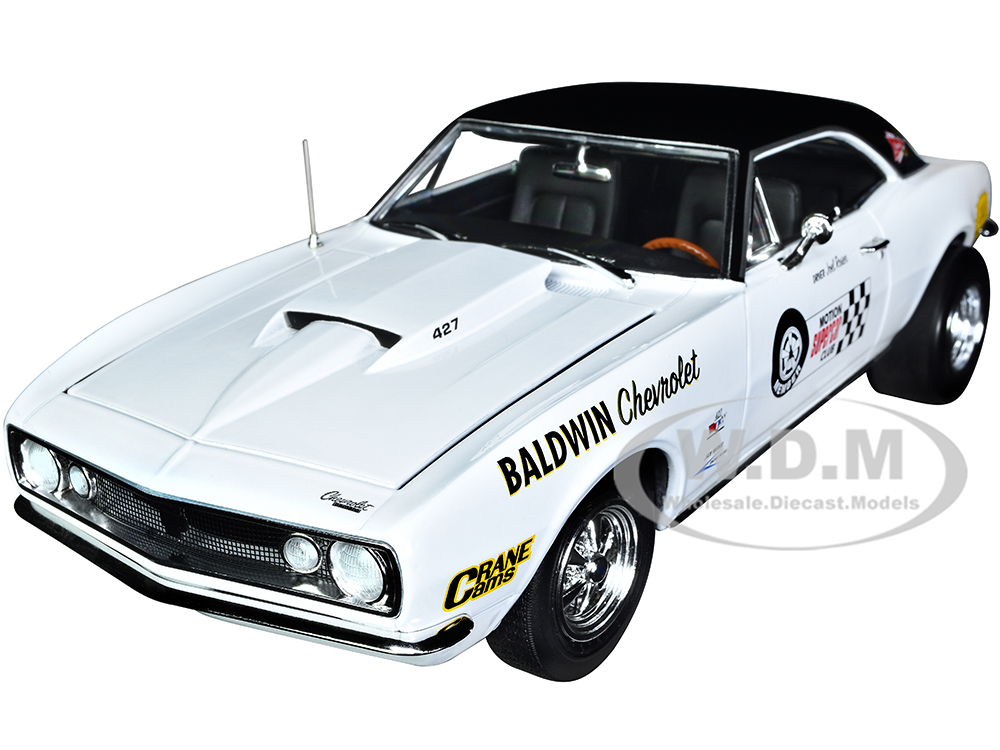 Image of 1967 Chevrolet Camaro SS Baldwin Motion Joel Rosen "Motion Supercar Club" White with Black Vinyl Top and Graphics 1/18 Diecast Model Car by Auto Worl