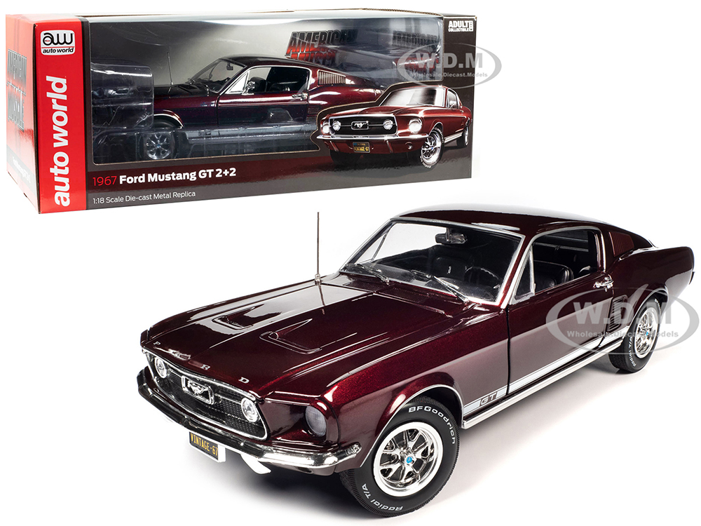 Image of 1967 Ford Mustang GT 22 Burgundy Metallic with White Side Stripes "American Muscle" Series 1/18 Diecast Model Car by Auto World