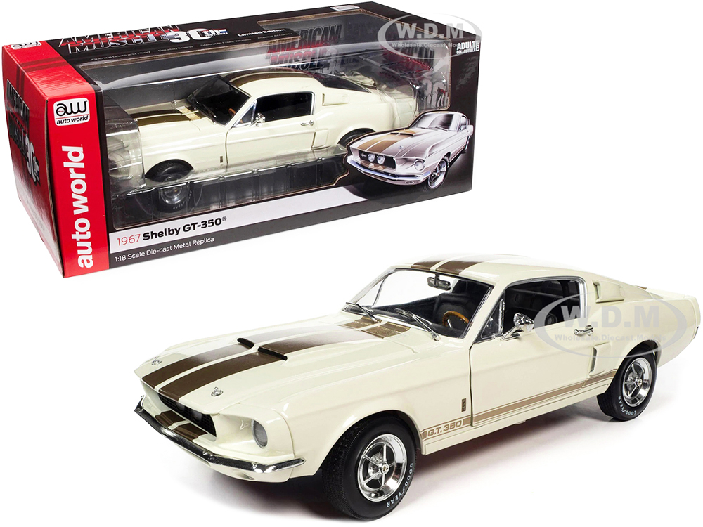 Image of 1967 Ford Mustang Shelby GT-350 Wimbledon White with Twin Gold Stripes "American Muscle 30th Anniversary" (1991-2021) 1/18 Diecast Model Car by Auto