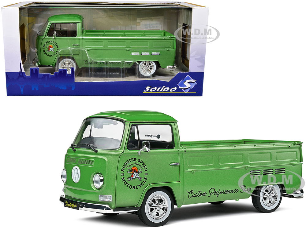 Image of 1968 Volkswagen T2 Pickup Truck Green Metallic "Rooster Speed Motorcycle" 1/18 Diecast Model Car by Solido