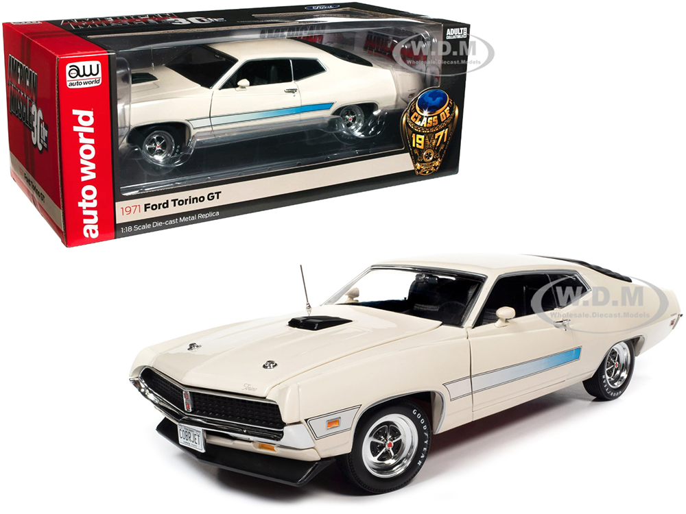 Image of 1971 Ford Torino GT Wimbledon White with Blue Laser Stripes "Class of 1971" "American Muscle 30th Anniversary" (1991-2021) 1/18 Diecast Model Car by