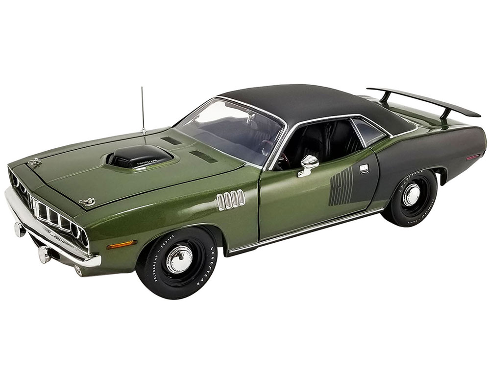 Image of 1971 Plymouth Hemi Barracuda Ivy Green with Black Graphics and Black Vinyl Top Limited Edition to 276 pieces Worldwide 1/18 Diecast Model Car by ACME