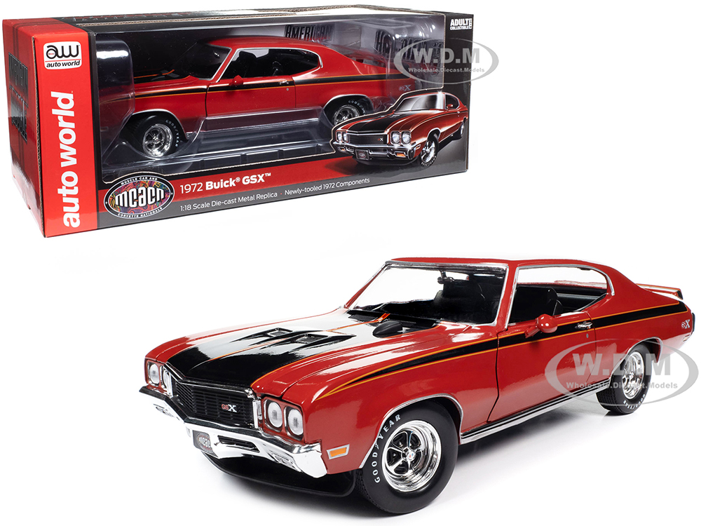 Image of 1972 Buick GSX Fire Red with Black Stripes "Muscle Car &amp Corvette Nationals" (MCACN) "American Muscle" Series 1/18 Diecast Model Car by Auto Worl