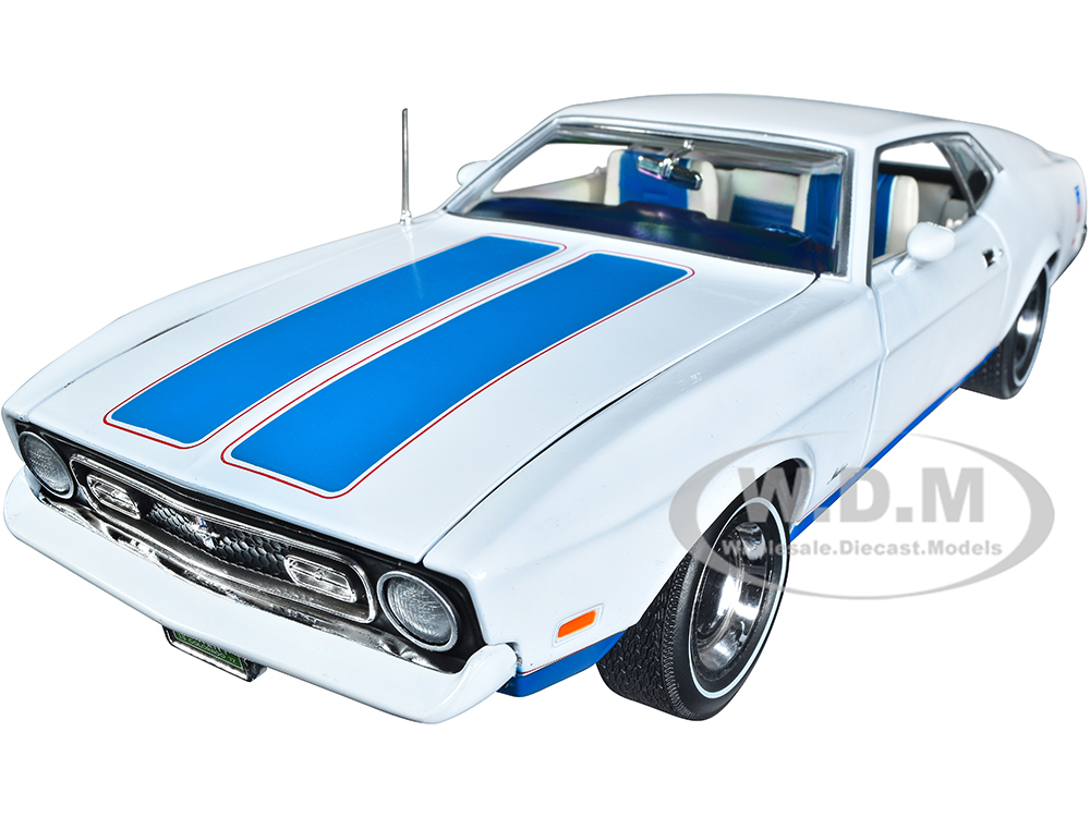Image of 1972 Ford Mustang Sprint White with Blue Stripes "Class of 1972" "American Muscle" Series 1/18 Diecast Model Car by Auto World